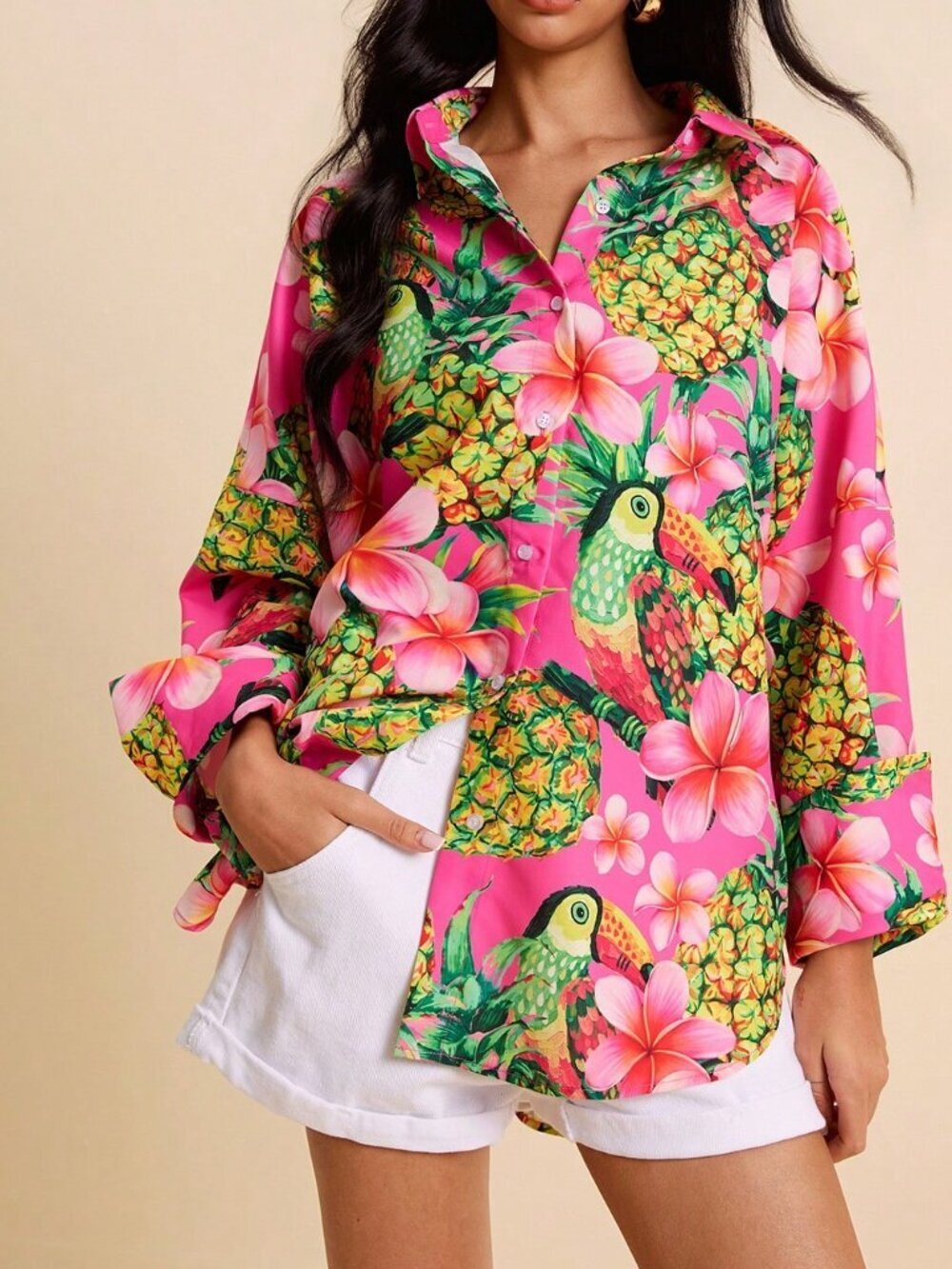 Multicolor Boho Women's Tropical Loose Fit Floral Pineapple Shirt - Picture 5 of 8